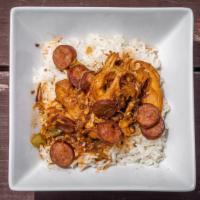 Gumbo · Chicken and sausage gumbo, a classic favorite served with rice!