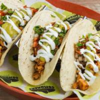 Mushroom Taco Trio · VEGETARIAN ASADO-STYLE SHROOMS! SAVORY, CITRUSY, & DELICIOUS - Three Tacos, on corn tortilla...