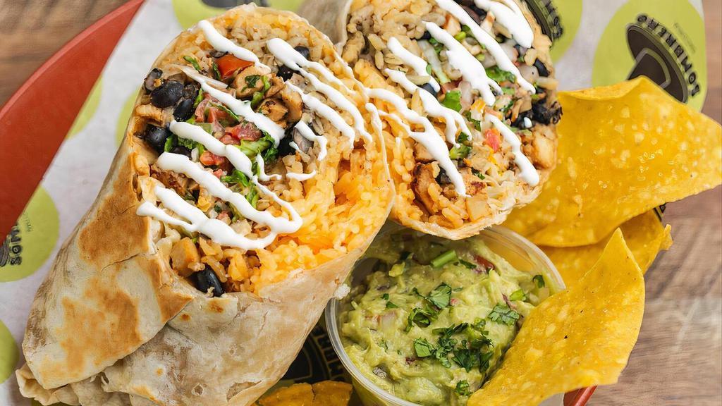 Chorizo Burrito · CRISPY CHORIZO, PACKED WITH FLAVOR! SPICED WITH A TANG & HINT OF SMOKE - packed with rice or lettuce. Topped with black beans, cheese, pico, tomatillo salsa, & crema, wrapped in a 12