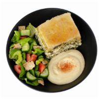 Greek Bowl (W/ Spinach Pie) · Spinach pie served with fattoush salad and hommus.