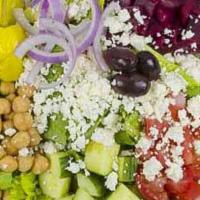 Greek Salad · romaine, feta cheese, pepperoncini, kalamata olives, tomato, cucumber, chick peas, beets & r...