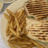 Tuscan Panini · Grilled chicken with avocado, bacon, pepperjack cheese, and chipotle aioli.