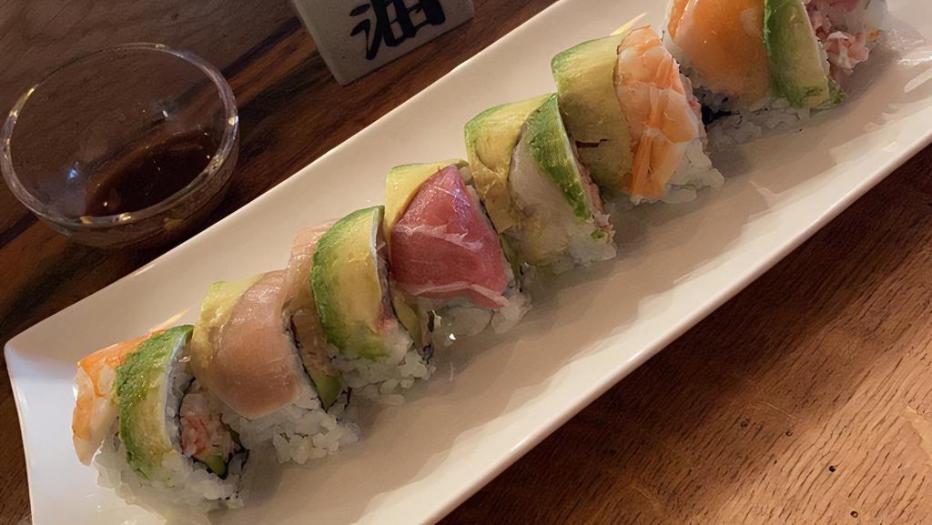 Rainbow Roll · California roll topped tuna, salmon, yellowtail, white fish and avocado.