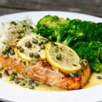 Salmon Piccata · Seasoned and grilled north atlantic
salmon Filet served with choice of
one side Served Lemon...