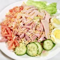 Chef Salad · Ham and turkey with lettuce, tomato, cucumber, boiled egg and cheese. Includes 2 packs of sa...