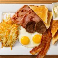 Meat Lovers Breakfast Platter · 2 Eggs your way, and your choice of  2 Pork Sausage Patties, 2 Pork Bacon Strips, 1 Piece of...