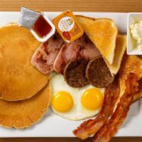 Pancake Platter · 2 Fluffy White Pancakes with 2 Eggs your way, and your choice of 2 Pork Sausage Patties, 2 P...