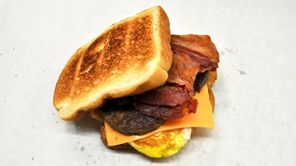 Breakfast Sandwich · With your choice of 2 Pork Sausage Patties,  2 Pork Bacon Strips or 1 Piece of Thick Ham, and 1 Egg your way.