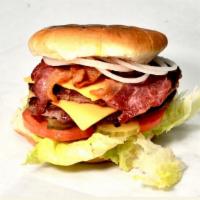 Bacon Double Cheeseburger · 1/4 lb grilled two beef patties, homestyle dressing, homestyle BBQ sauce, two pieces of baco...