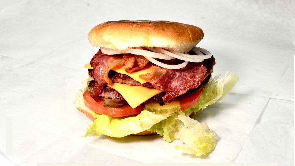 Bacon Double Cheeseburger · 1/4 lb grilled two beef patties, homestyle dressing, homestyle BBQ sauce, two pieces of bacon with tomato, fresh lettuce, pickles, onion and American cheese.