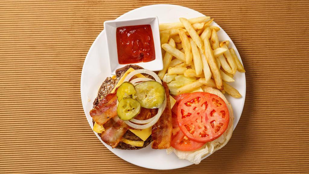 Bacon Double Cheeseburger Combo · 1/4 grilled two beef patties, two pieces of bacon, cheese, homestyle dressing, fresh lettuce, tomato, pickles and onion. Combo comes with a side of French Fries and a 12 oz. drink.