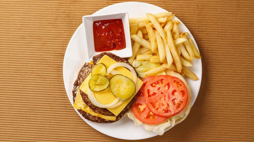 Double Cheeseburger Combo · 1/4 grilled two beef patties, cheese, homestyle dressing, fresh lettuce, tomato, pickles and onion. Combo comes with a side of French Fries and a 12 oz. drink.