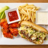  Philly Steak Sandwich (Beef Or Chicken) + 4 Wing Combo · Freshly grilled beef or chicken, grilled onion, bell peppers, lettuce and melted cheese all ...