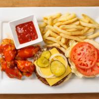 Cheeseburger + 4 Wings Combo · 1/4 grilled beef patty, cheese, homestyle dressing, fresh lettuce, tomato, pickles and onion...