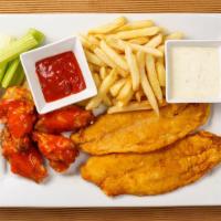 2-Pc Fried Fish + 4-Pc Wings Combo · 2 pc fried breaded fish and 4 pcs of golden-brown wings fried and tossed in the sauce of you...
