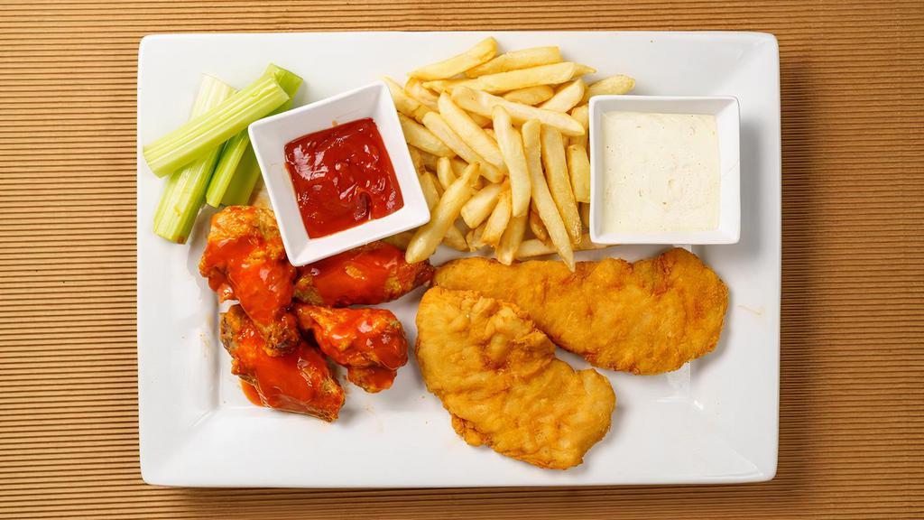 2-Pc Chicken Tenders + 4-Pc Wings Combo · 2-pc chicken tenders and 4  pcs of golden-brown wings fried and tossed in the sauce of your choice. Combo comes with a side of French Fries and a 12 oz. drink.