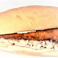 Fish Sandwich · Fried fish with tartar sauce and coleslaw on toasted hoagie roll with coleslaw & tartar sauce.