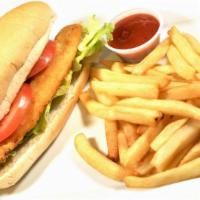Chicken Sandwich · Fried chicken, mayonnaise, lettuce and tomato.