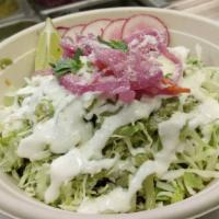 Taco Bowl · Rice, refried beans, your choice of meat, onions, cilantro, lettuce, cabbage, sour cream, gu...