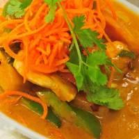 Panang Curry · Curry with coconut milk and mixed vegetables. Served with Jasmine rice. Gluten Free.