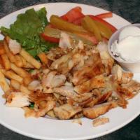 Chicken Shawarma Bowl · Fries of your choice, hummus, lettuce, tomato, pickles, hot sauce, garlic sauce, tahini sauce