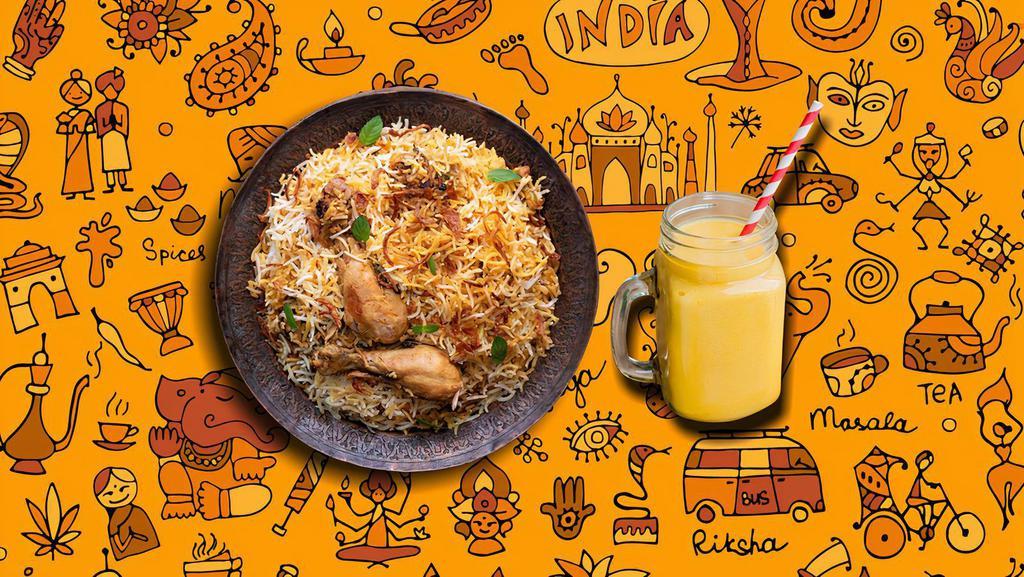Peshawari Chicken Biryani & Fresh Yogurt Mango Smoothie · Our long grain basmati rice cooked with chicken marinated in yogurt and house spices fresh vegetables and chicken in our special biryani masala gravy, served with a side of yogurt raita. Comes with the side chilled churned yogurt drink with alphonso mango.
