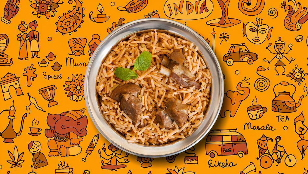 Peshawari Goat Biryani · Tender morsels of bone in goat meat cooked with our signature biryani masala gravy and long grain premium basmati rice
