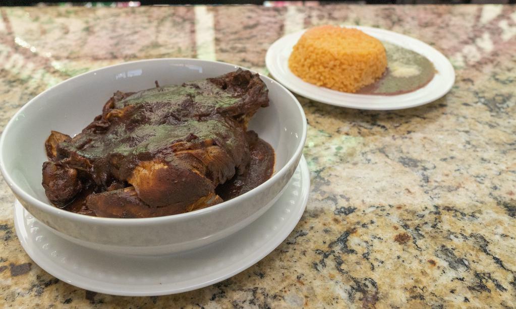 Mole Poblano · Served with Chicken, rice, beans and corn tortillas