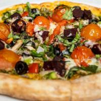 Vegetarian Rustic Pizza · Ten inches rustic or thin crust. Pesto, red and green bell peppers, cherry tomato mushrooms,...