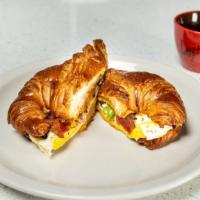 California Breakfast Sandwich · Egg, bacon, bell pepper, mushroom, onion, avocado, pepper jack cheese on a croissant.