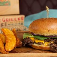 Cheese Burger · 2 Smashed  beef patties served in a large Brioche bun with (Mature cheddar, mayonnaise, lett...