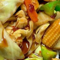 Chicken & Mixed Vegetable In Teriyaki Sauce 日本雞 · Sliced Chicken Breast, Onion, Green Pepper, Carrot, Mushroom, Celery, Bamboo Root, Baby Corn...