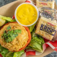 Crab Cake · Our award winning 5 oz crab cake made with lump crab meat served with lettuce, tomato, Salti...