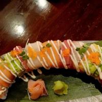 Rainbow Roll · California roll topped with five kinds of fishes.