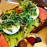 All I Avo Wanted · Sliced avocados, jammy soft-boiled egg, pickled watermelon, radish, alfalfa sprouts, ginger ...