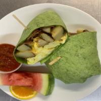 Sunrise Wrap · Fluffed eggs, roasted potatoes, cheese and choice of bacon, turkey bacon, taylor ham or saus...
