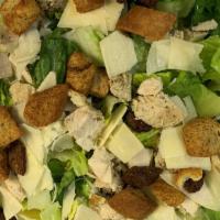Grilled Chicken Caesar Salad · Chopped Romaine lettuce, grilled chicken, sliced Parmesan cheese topped with croutons and Ca...