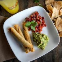 3 Shredded Beef Taquitos W/ Salsa And Guac · Our 3 hand-made taquitos come with guacamole and your choice of salsa.