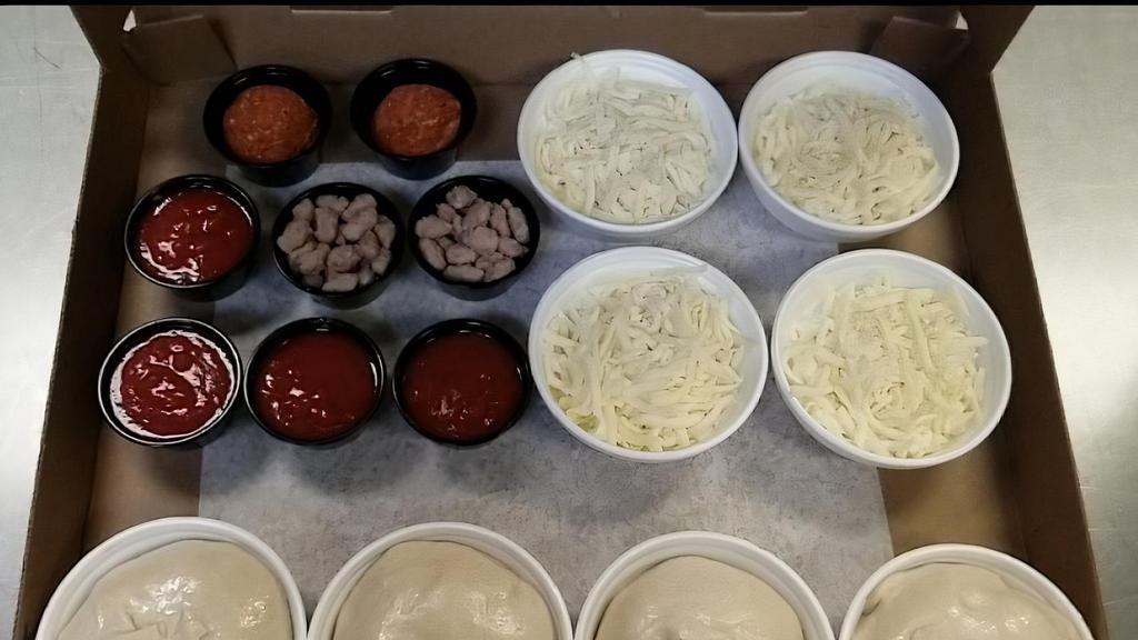 Pizza Kit · Give the kids something  exciting to do.  It's their turn to make dinner. It's a craft and a meal in one. Each kit contains 4 dough balls, pizza sauce, cheese, beef and pepperoni. $25