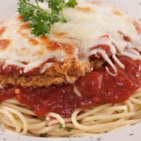 Chicken Parm Pasta · A grilled or breaded chicken breast topped with marinara sauce, Parmesan and mozzarella chee...