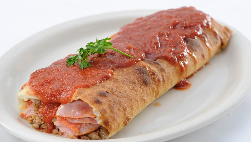 Individual Carnivore Stromboli · Mozzarella cheese, beef, Italian sausage, pepperoni and Canadian bacon