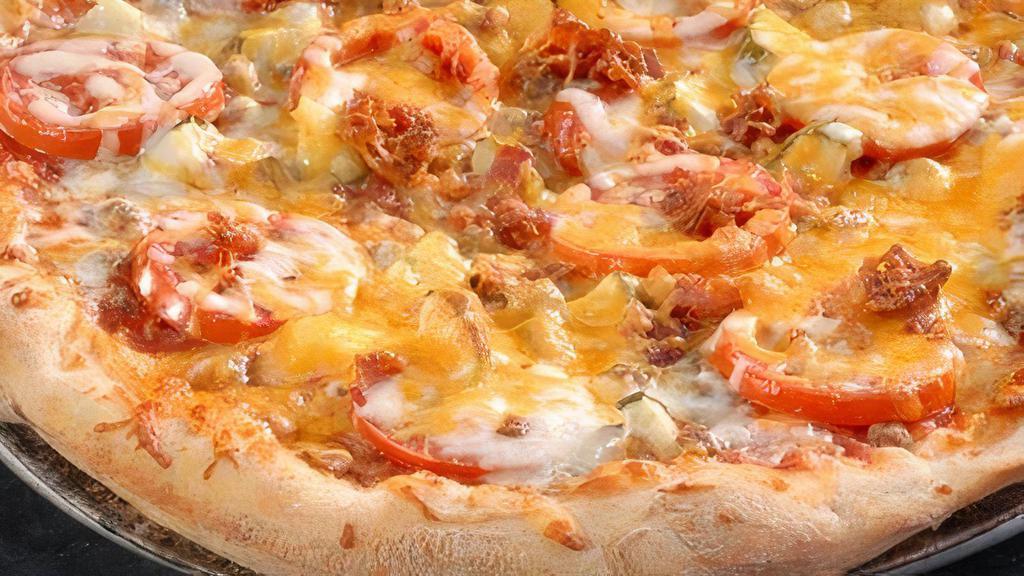 Bacon Cheeseburger Slice · Beef, bacon, cheddar cheese, sliced tomatoes and diced pickles...try it with an order of waffle fries.