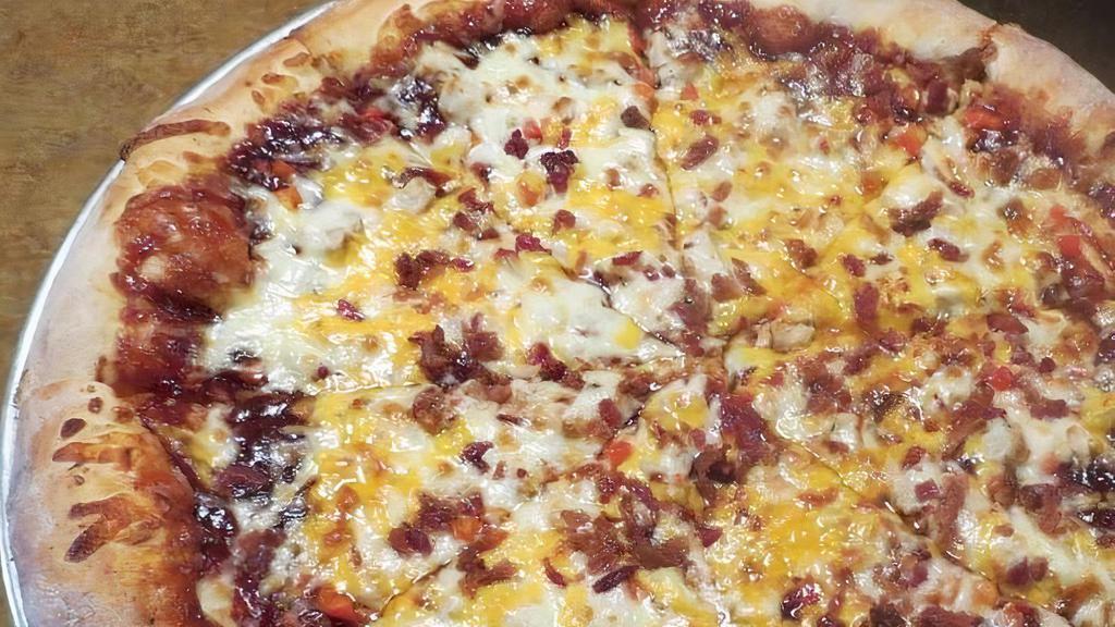 Bbq Chicken Slice · Sweet  barbeque sauce, smoked bacon, cheddar cheese, grilled chicken, red bell peppers and mozzarella.