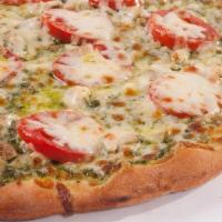 Brooklyn Slice · Pesto sauce base with grilled chicken and tomato