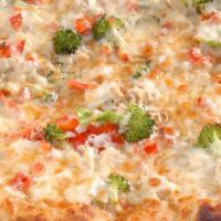Thai Pie Slice · A spicy peanut sauce base, piled with red bell peppers, broccoli, chicken and mozzarella.