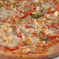 California Slice · Mozzarella, feta, chicken, broccoli, and tomato slices