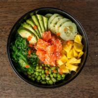 Salmon Poke Bowl · Mixed in: avocado cucumber edamame oshinko caviar seaweed salad and sesame seed and onion. s...