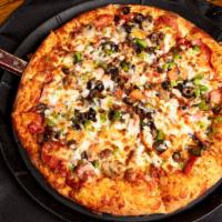 Delia'S Deluxe · Pepperoni, Italian sausage, ground beef, mushrooms, green peppers, black olives, onions, ham...