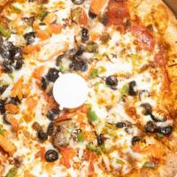 Athens Style · Gyro meat, pepperoni, ground beef, feta cheese, green peppers, black olives, onions and fres...