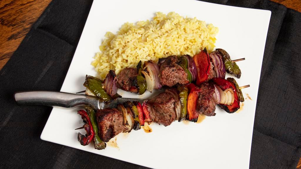 Shish Kabob · Lightly marinated tender fillet mignon, skewered
and chargrilled with peppers and onions.